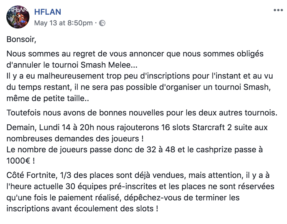 La HFLAN annonce sur Facebook l'annulation du tournoi Melee 2018.